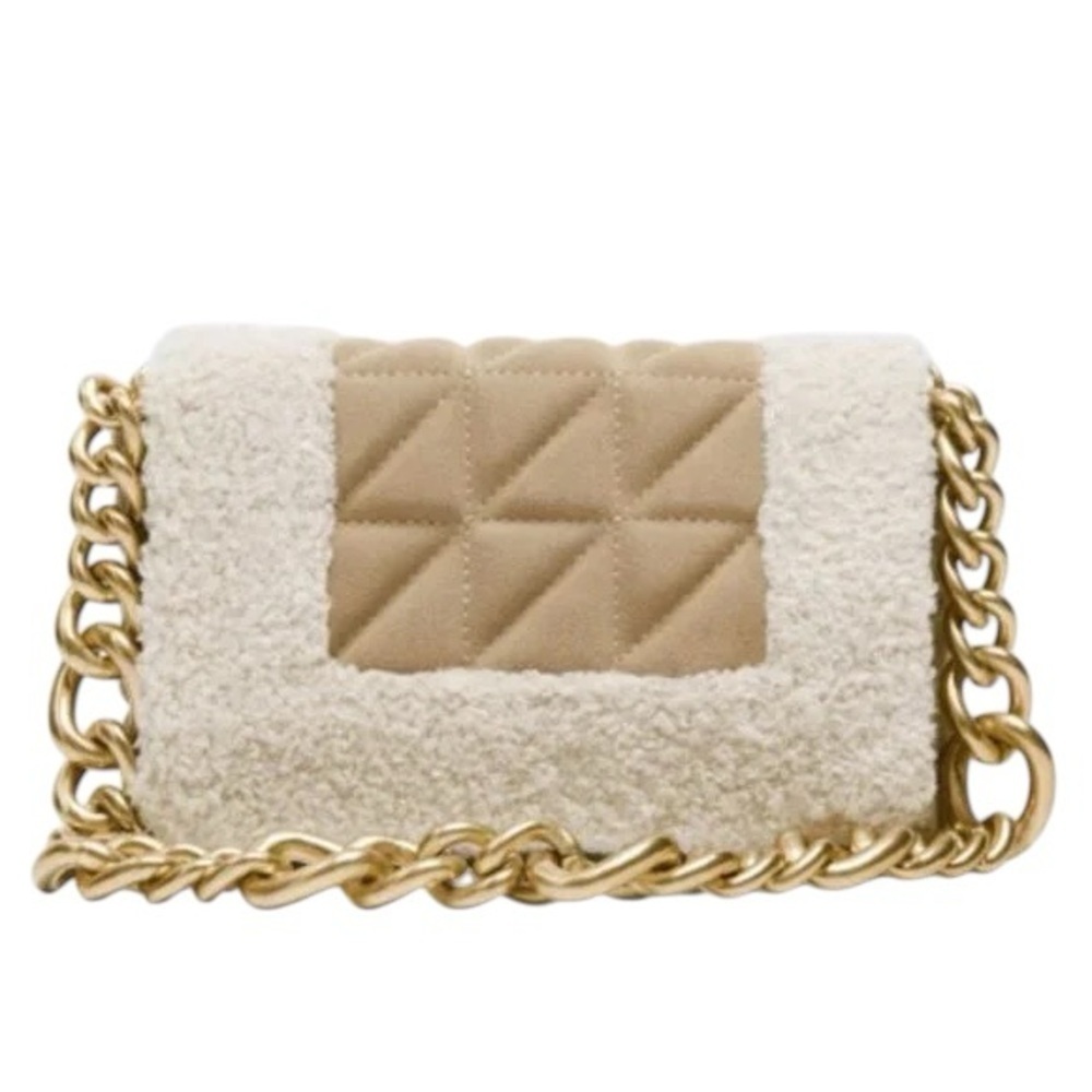 NWOT ZARA LEATHER HEAVY GOLD CHAIN QUILTED/FLEECE SHOULDER BAG